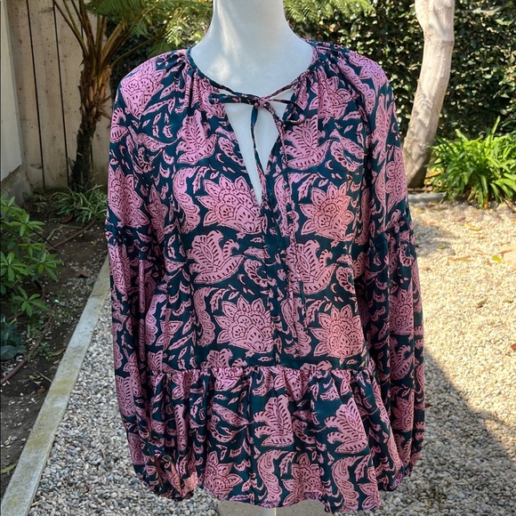 Hannah Artwear 100%Silk  Designer Teal and Pink Patterned Flowy Top - Picture 5 of 11